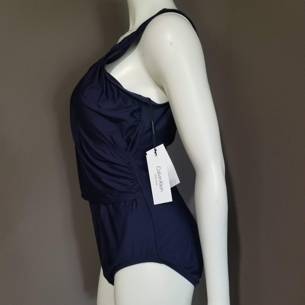 Calvin Klein Mesh Surplice Tummy Control One Piece Swimsuit Navy - Picture 3 of 13